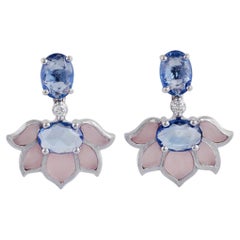 2.69 Carat Tanzanite, Rose Quartz & Round Diamonds Earrings in 18k White Gold.