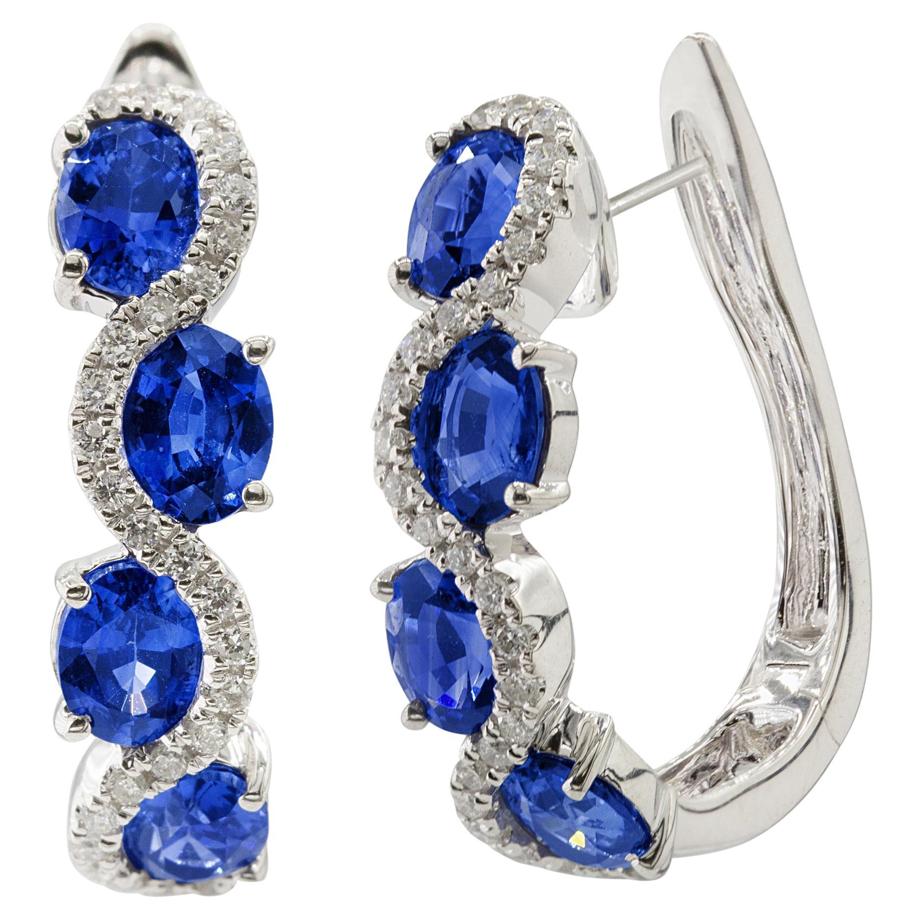 2.69 Carat Vivid Blue Oval Sapphire and Diamond Lever-Back Stud Earrings ref2085 For Sale