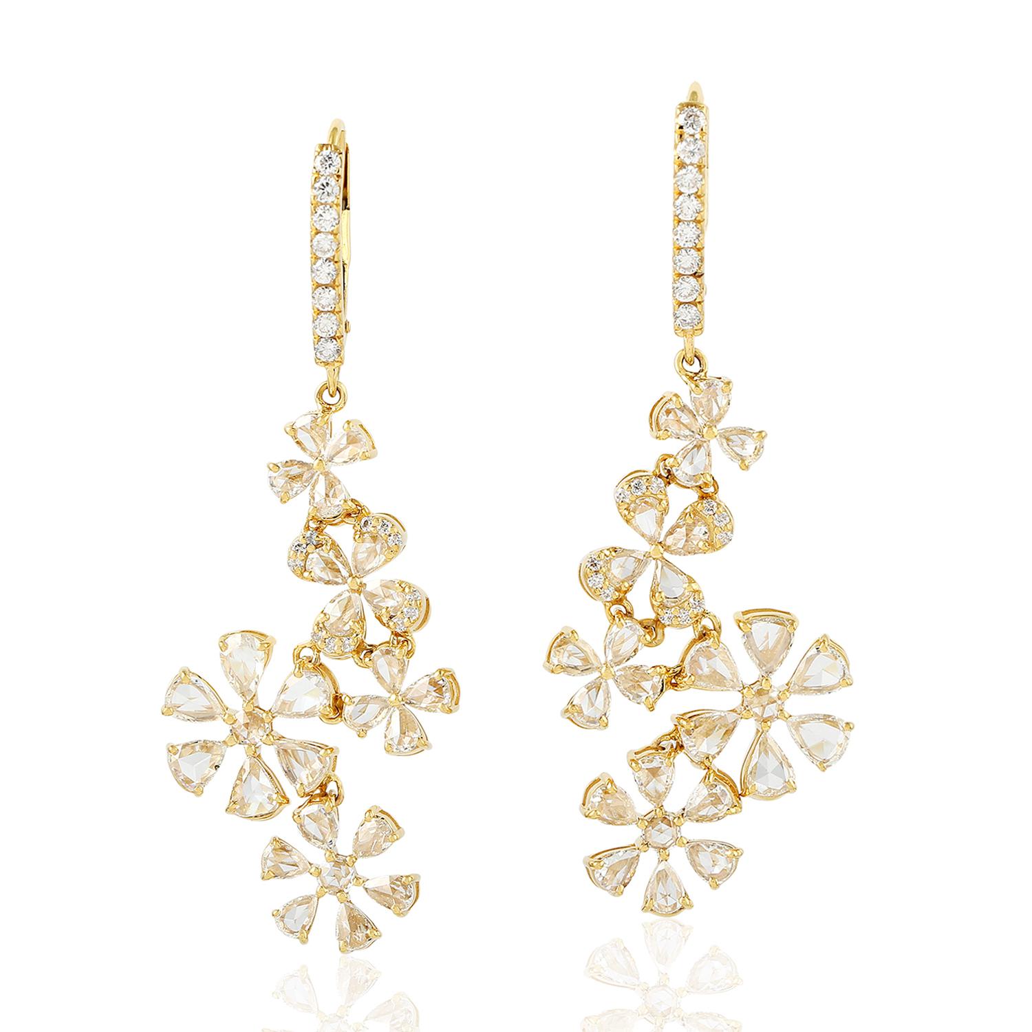 Modern 2.69 Carat Rose Cut Diamond 18 Karat Gold Flower Earrings For Sale