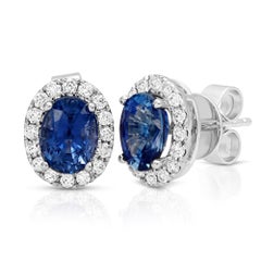 Clous d'oreilles en or blanc 14 carats avec saphir bleu naturel de 2,69 carats et diamants de 0,37 carat