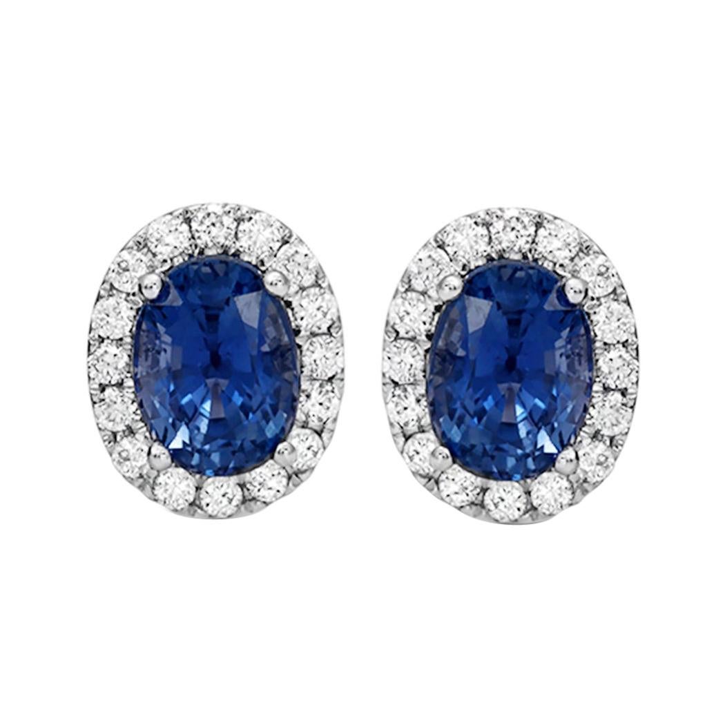 2.69 CT Natural Blue Sapphire & 0.37 CT Diamonds 14K White Gold Stud Earrings For Sale