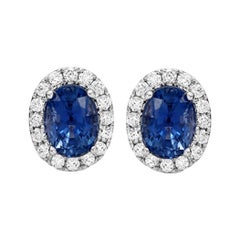 2.69 CT Natural Blue Sapphire & 0.37 CT Diamonds 14K White Gold Stud Earrings