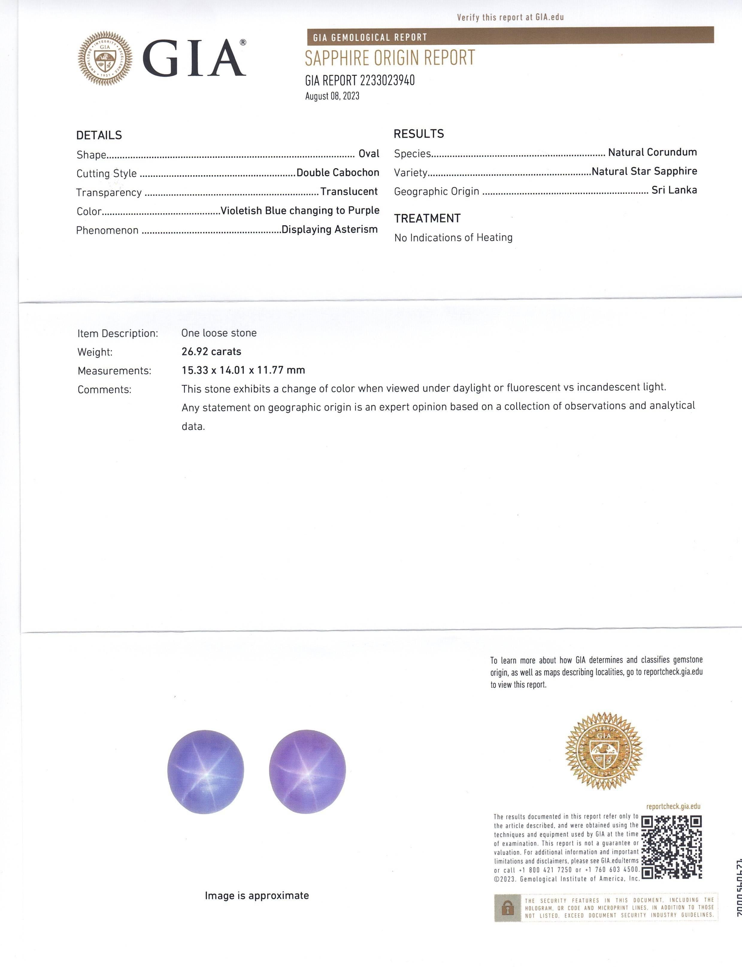 26.92ct Oval Double Cabochon Violetish Blue to Purple Star Sapphire GIA Certifie For Sale 1