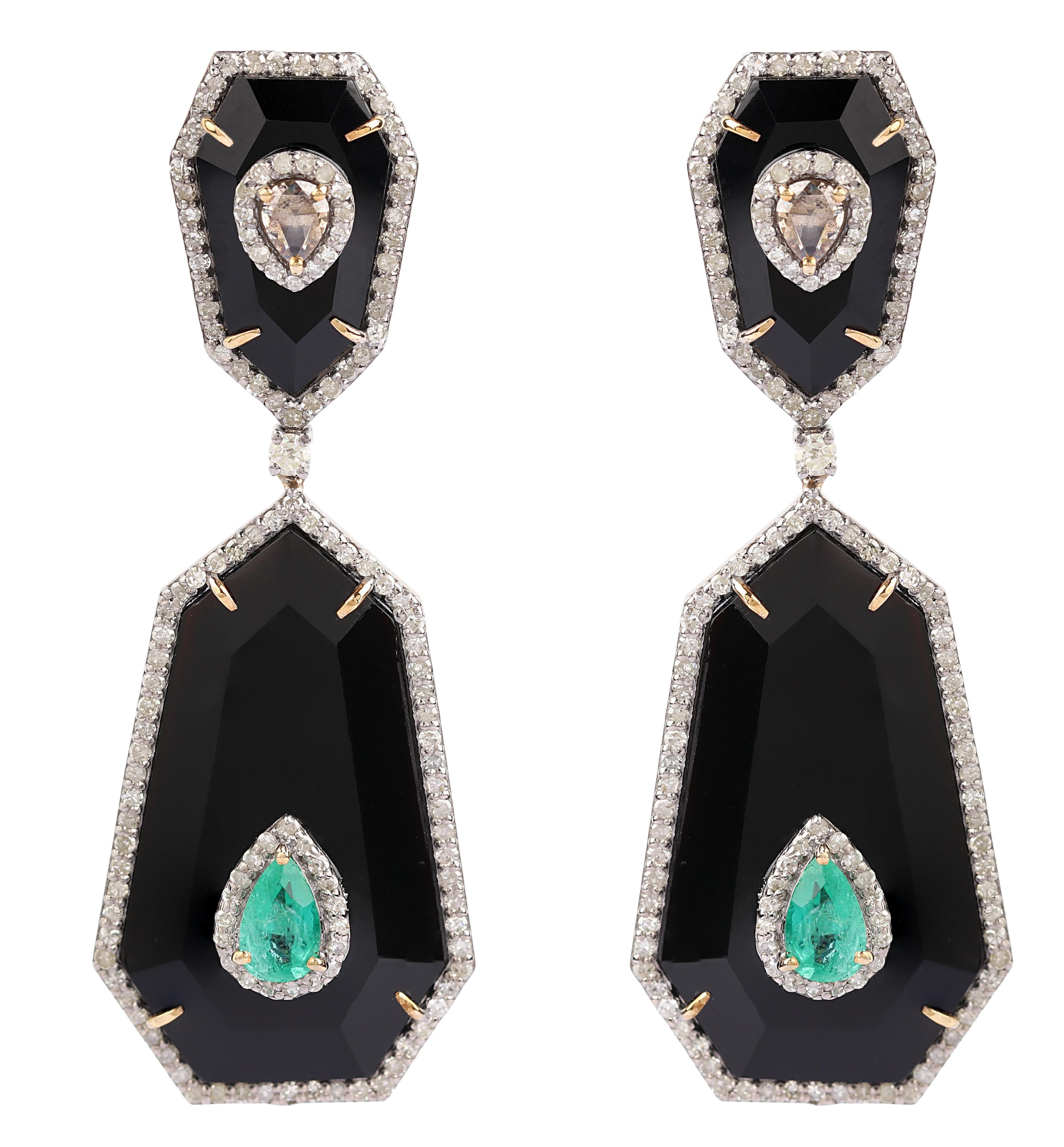 Women's 26.97 Carats Diamond, Emerald, and Black Onyx Drop Earrings in Modern Style For Sale