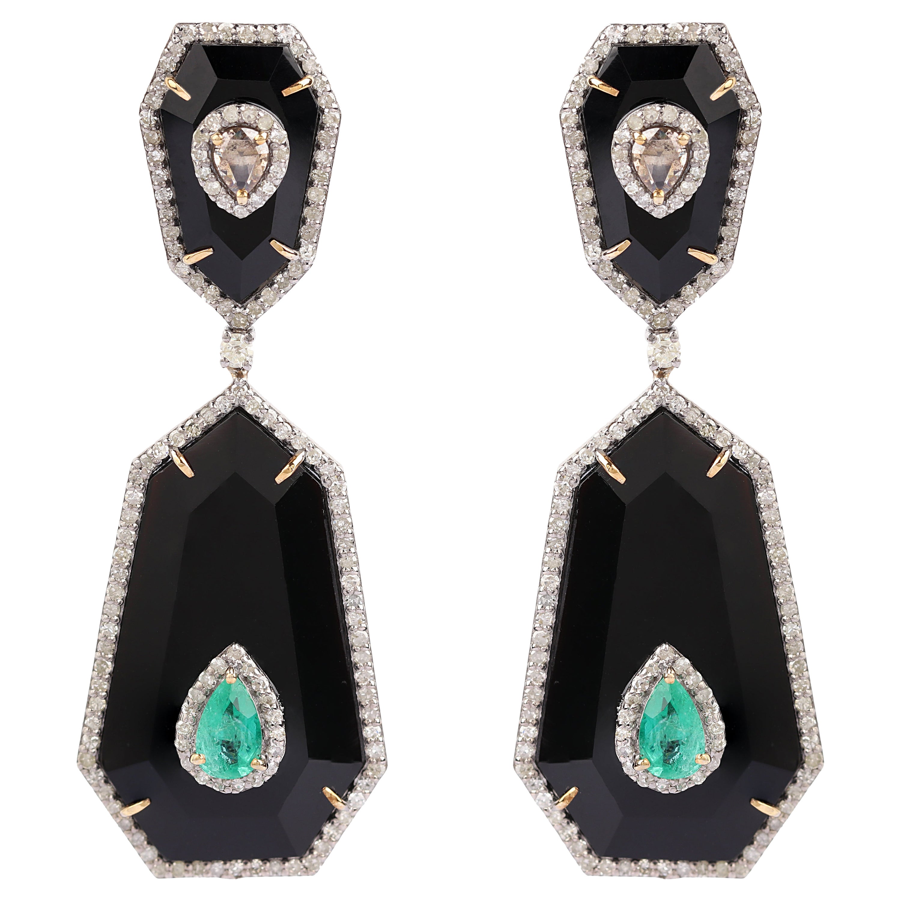 Pendientes Colgantes de Diamante, Esmeralda y Ónix Negro de 26,97 Quilates en Estilo Moderno