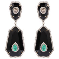 26.97 Carats Diamond, Emerald, and Black Onyx Drop Earrings in Modern Style