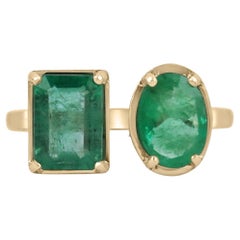 2,69tcw 14K natürlicher Smaragd, Smaragdschliff & Ovalschliff Vier Zacken Gold Manschettenknöpfe Ring
