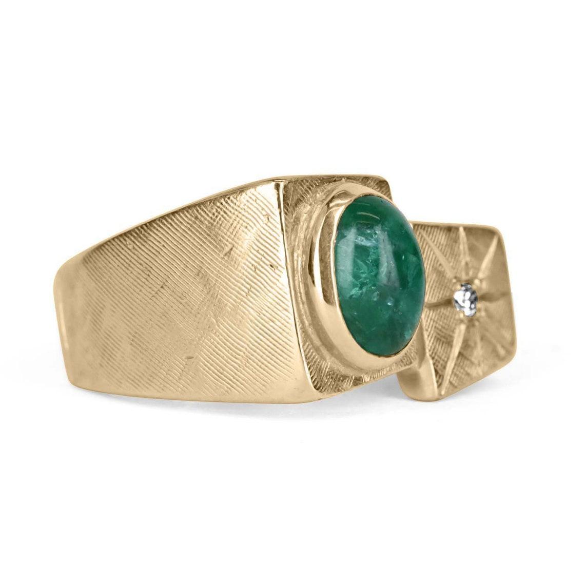 Signet rings are very prominent in politics as masculine rings, throughout history. This 14k gold signet ring will add lots of character to your daily look, emphasizing your edgier side. A natural emerald cabochon is bezel set and has excellent