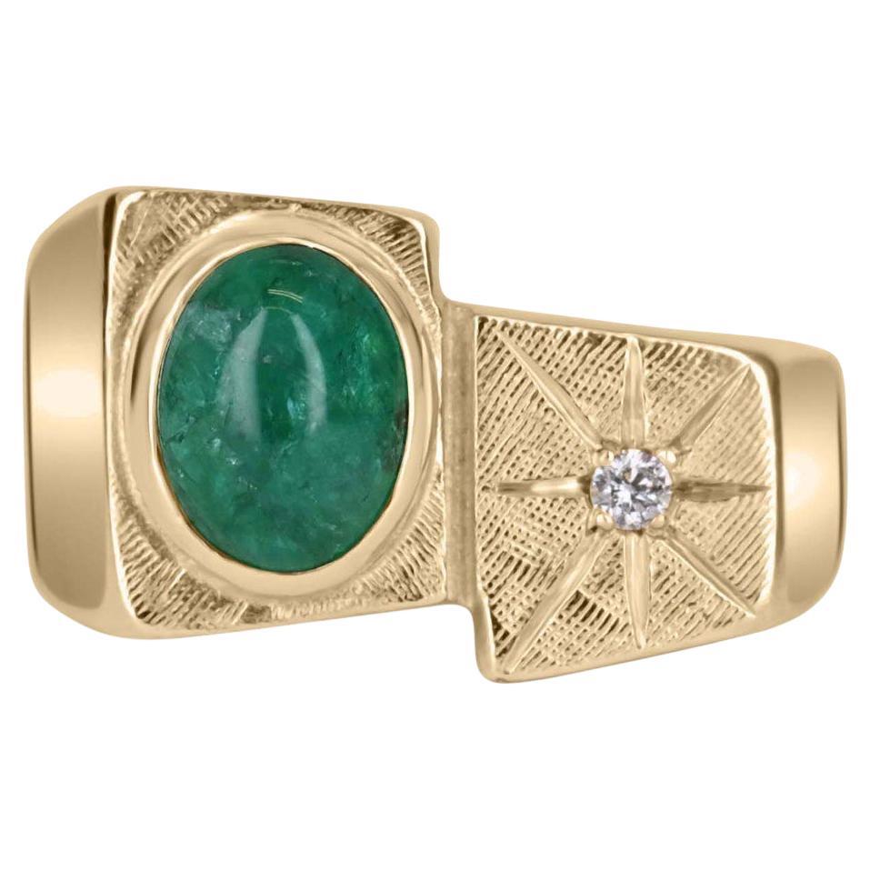 2.69tcw 14K Oval Natural Emerald Cabochon & Diamond Star Ring For Sale