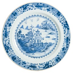 26CM Chinese Export Porcelain Blue White Dish Landscape Insects Qianlong Period
