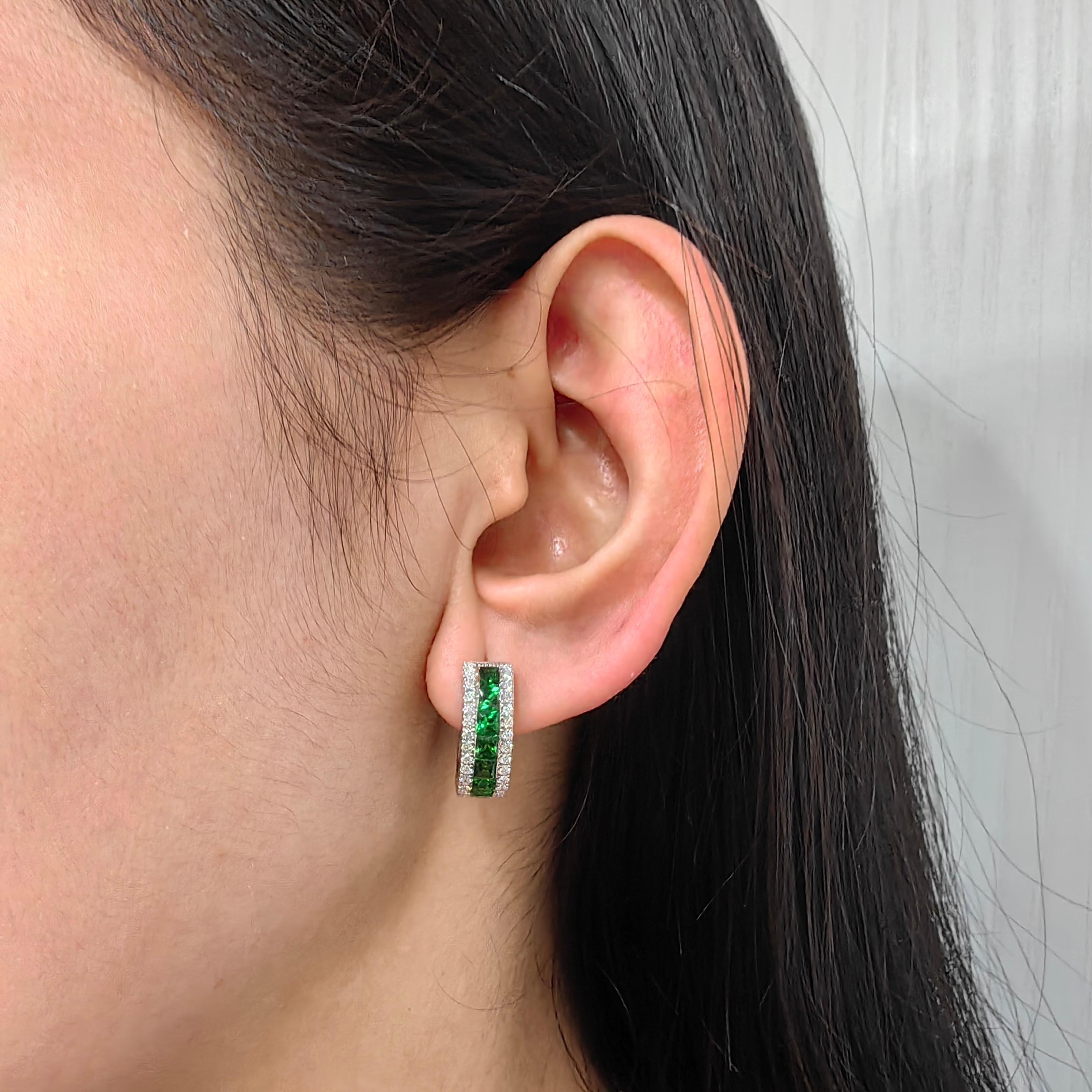 2.6 Carat Deep Green Tsavorite Diamond Huggie Hoop Earrings in 18k White Gold For Sale 2