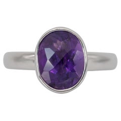 2.6Ct Amethyst Solitaire Ring with Bezel Setting: Solid 14K Gold, Oval 10x8mm