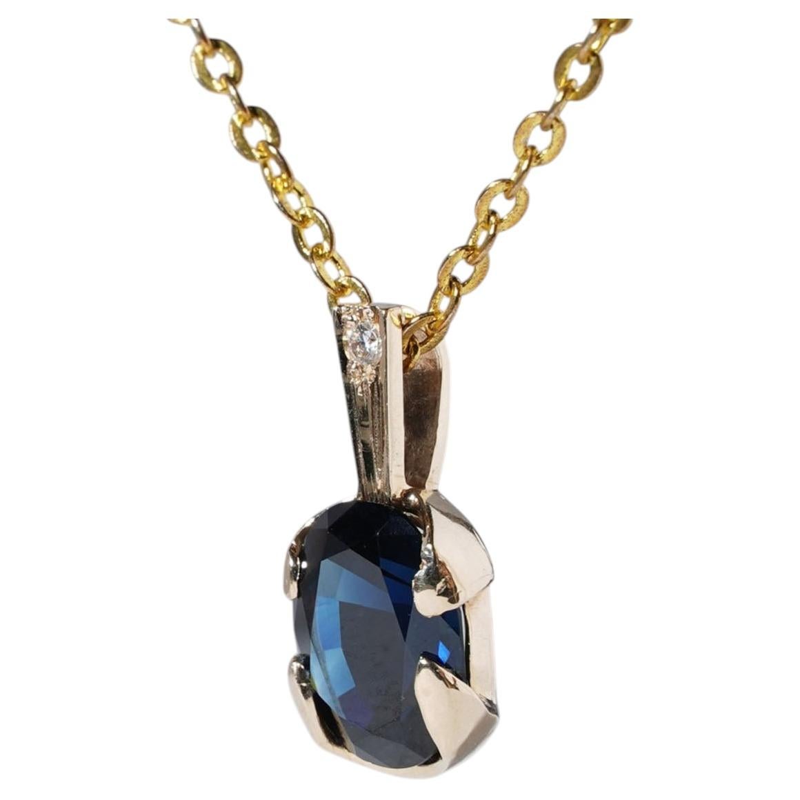 2.6ct Australian Dark Blue Sapphire Diamond Pendant in 14k Gold Oval Solitaire