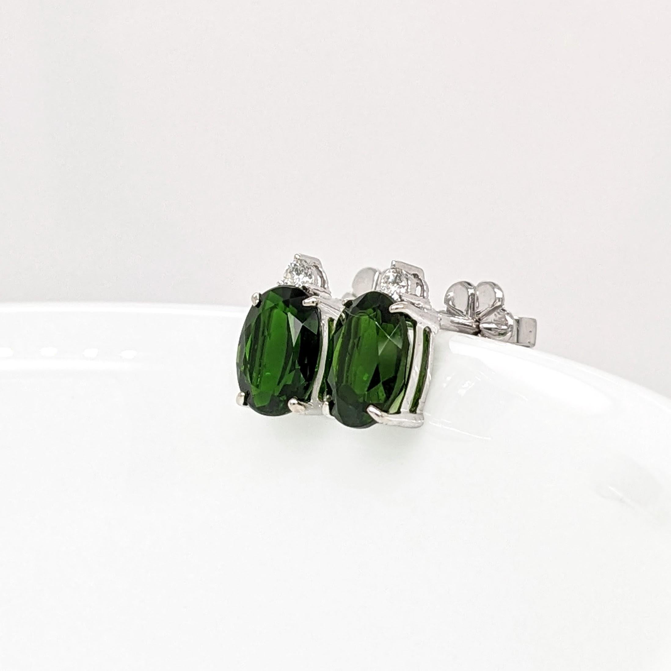 Modern 2.6ct Chrome Diopside Earrings w Natural Diamonds in Solid 14K Gold Oval 7x5mm