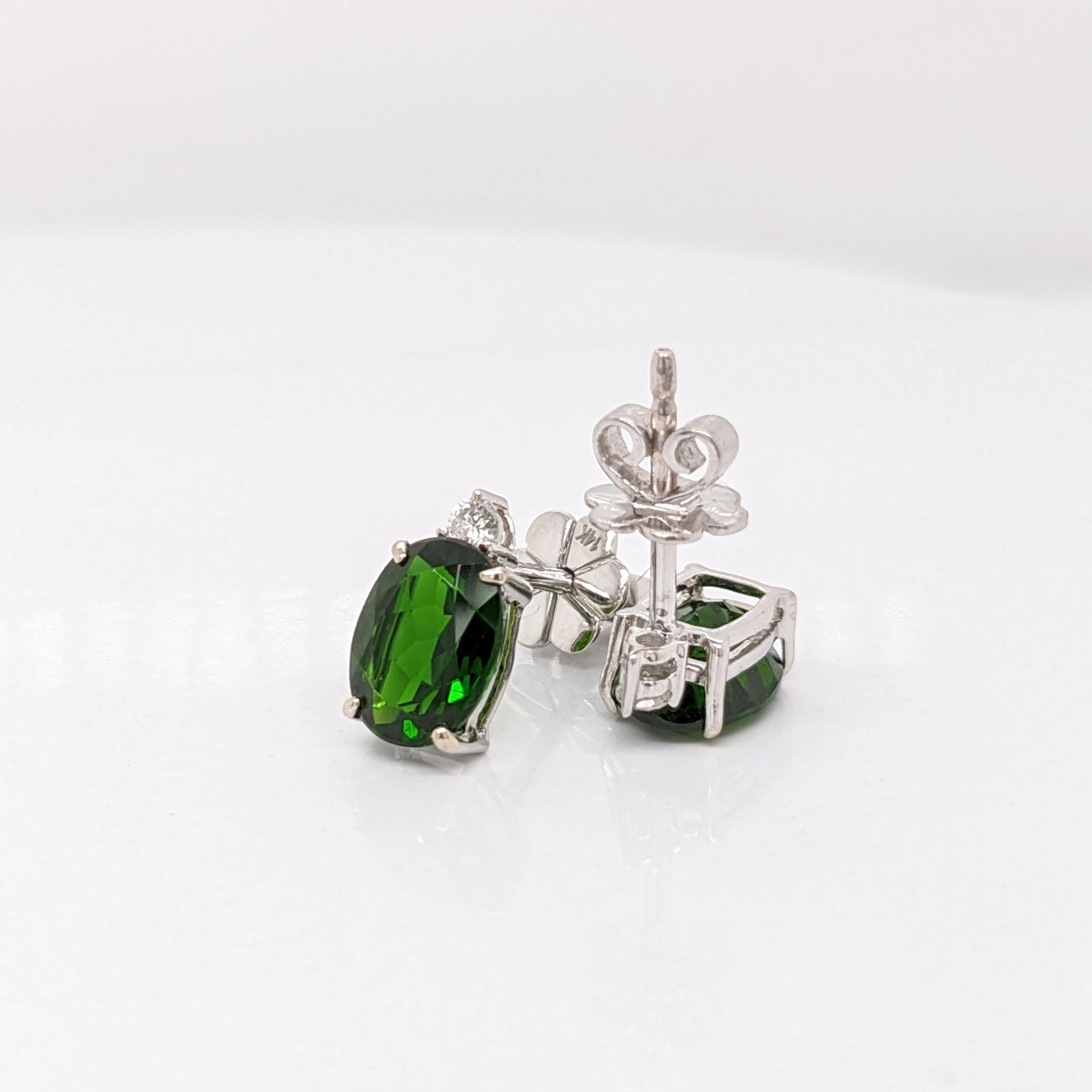 2.6ct Chrome Diopside Earrings w Natural Diamonds in Solid 14K Gold Oval 7x5mm In New Condition In Columbus, OH