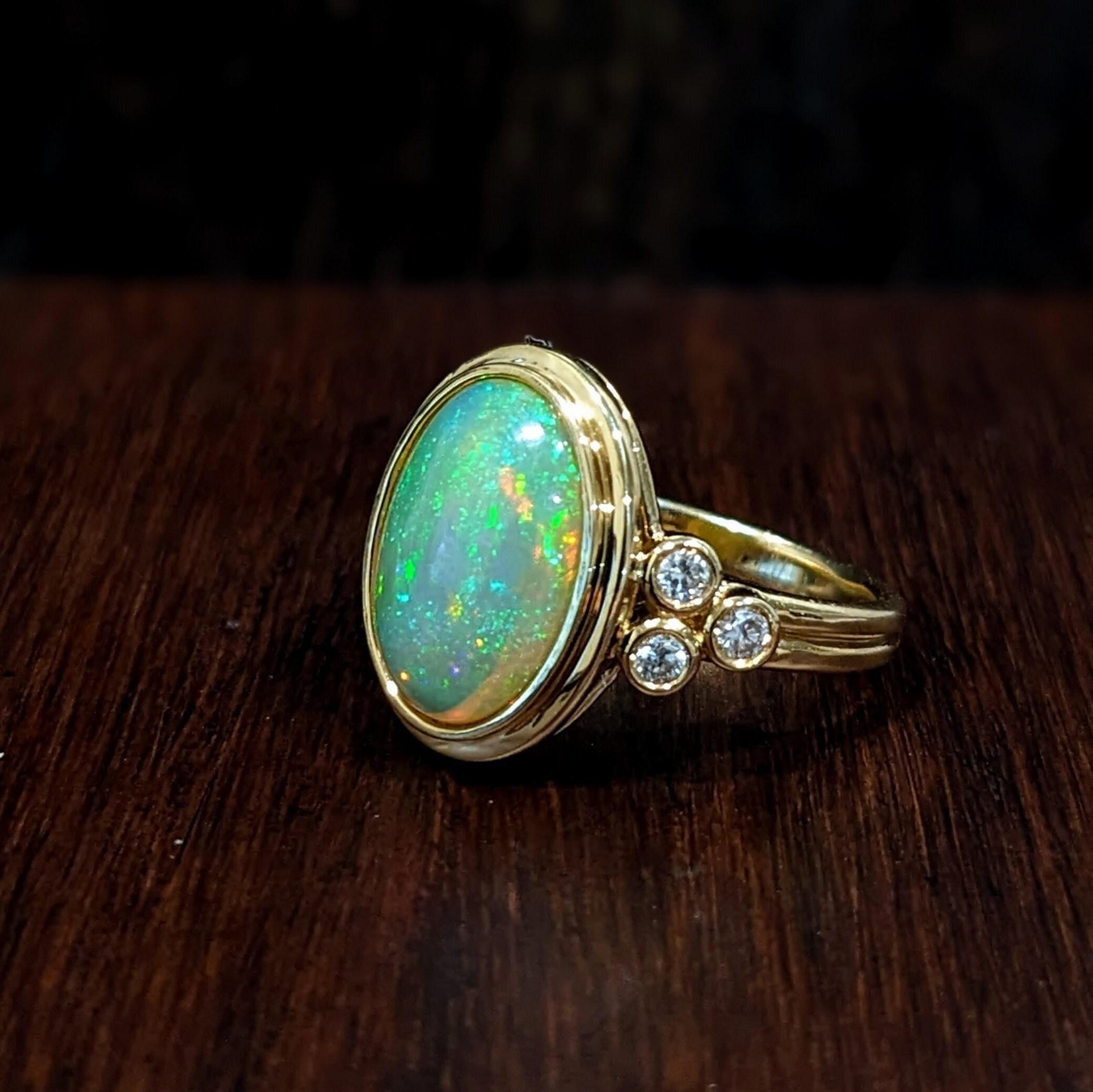 Cabochon 2.6ct Ethiopian Opal Ring w Earth Mined Diamonds in Solid 14k Gold Oval 13x10mm For Sale