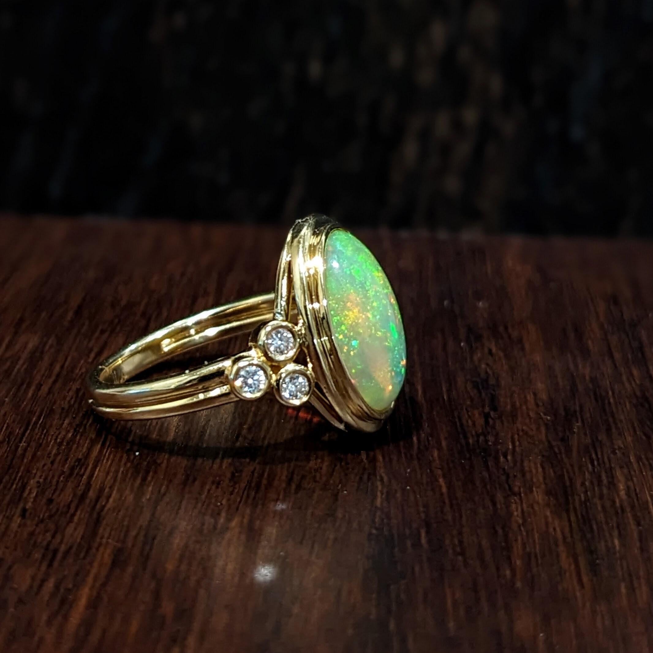 2.6ct Ethiopian Opal Ring w Earth Mined Diamonds in Solid 14k Gold Oval 13x10mm In New Condition In Columbus, OH