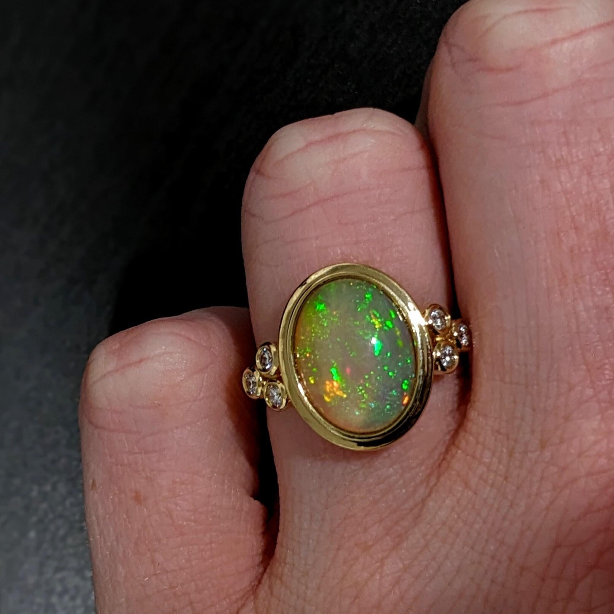 2.6ct Ethiopian Opal Ring w Earth Mined Diamonds in Solid 14k Gold Oval 13x10mm For Sale 2