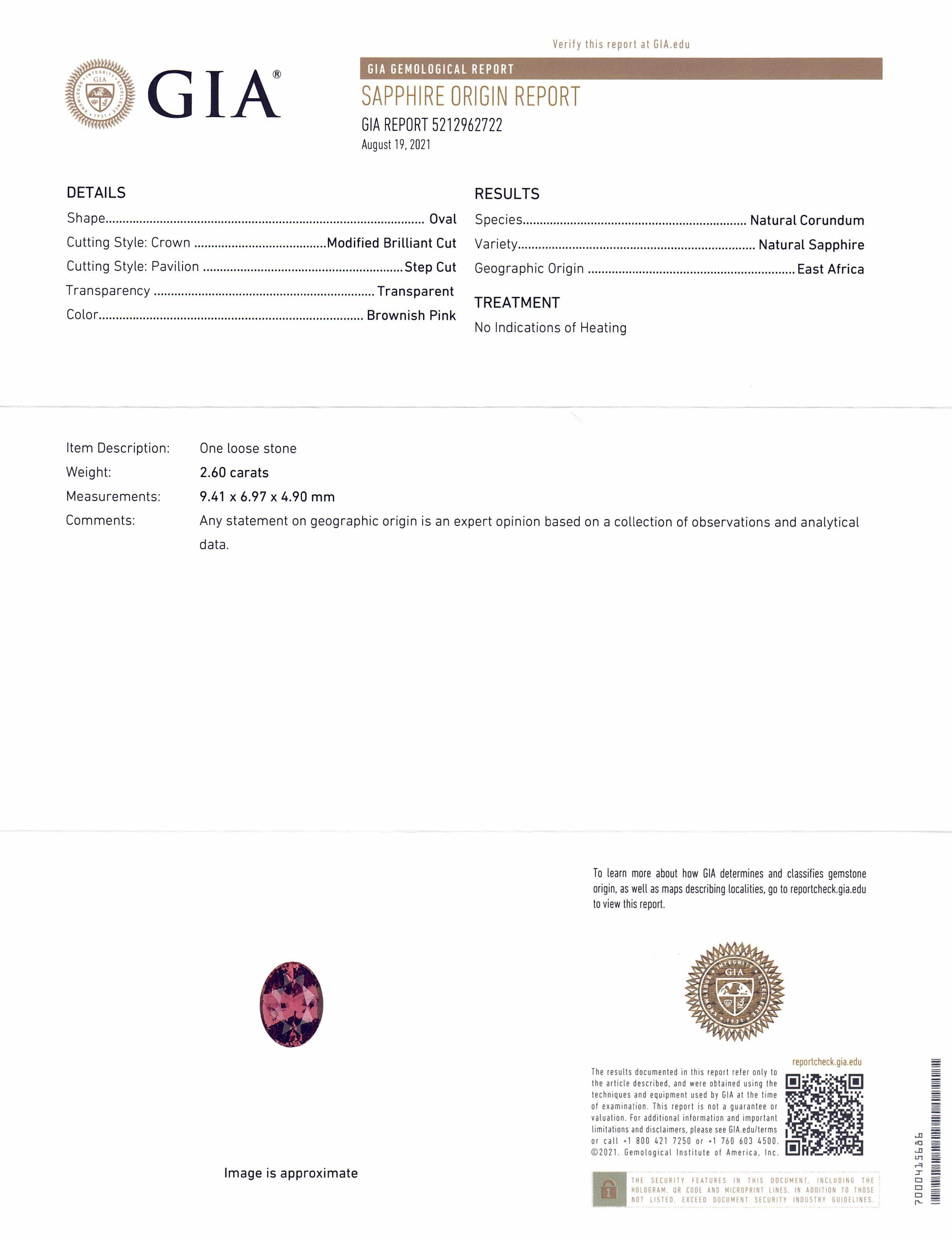 Saphir ovale rose brunâtre 2,6 carats certifié GIA, Afrique de l'Est, non chauffé Unisexe en vente