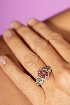 2.6ct Pink Tourmaline and 2.18ct 2 Aquamarines Ring with Diamonds in 18K Gold