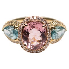 2.6ct Pink Tourmaline and 2.18ct Aquamarine Ring with Diamonds in 18K Gold