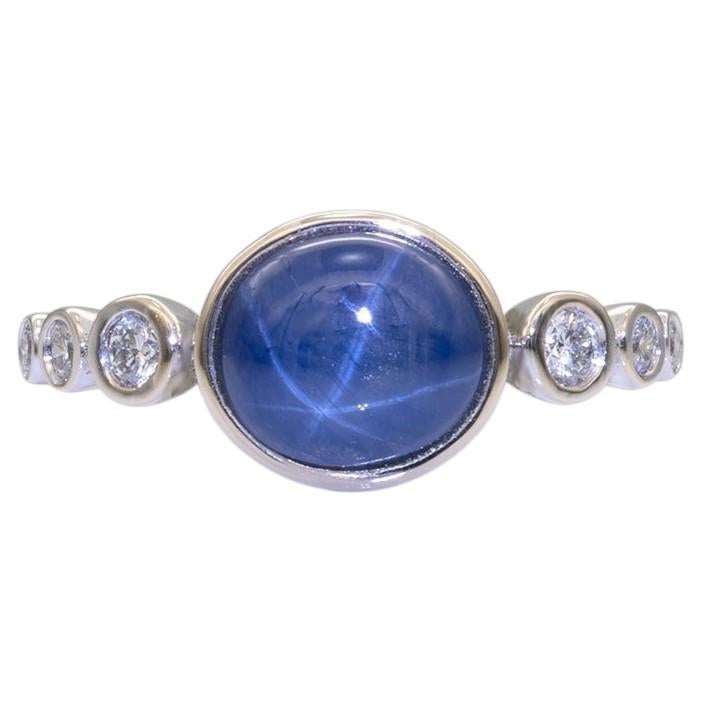 2.6Ct Star Sapphire Cabochon Ring with Natural Diamond Accents: Solid 14K Gold