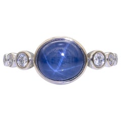 2.6Ct Star Sapphire Cabochon Ring with Natural Diamond Accents: Solid 14K Gold