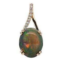 2.6cts, 12x10mm - Ethiopian Black Opal Pendant w Diamond Accents in 14K Gold