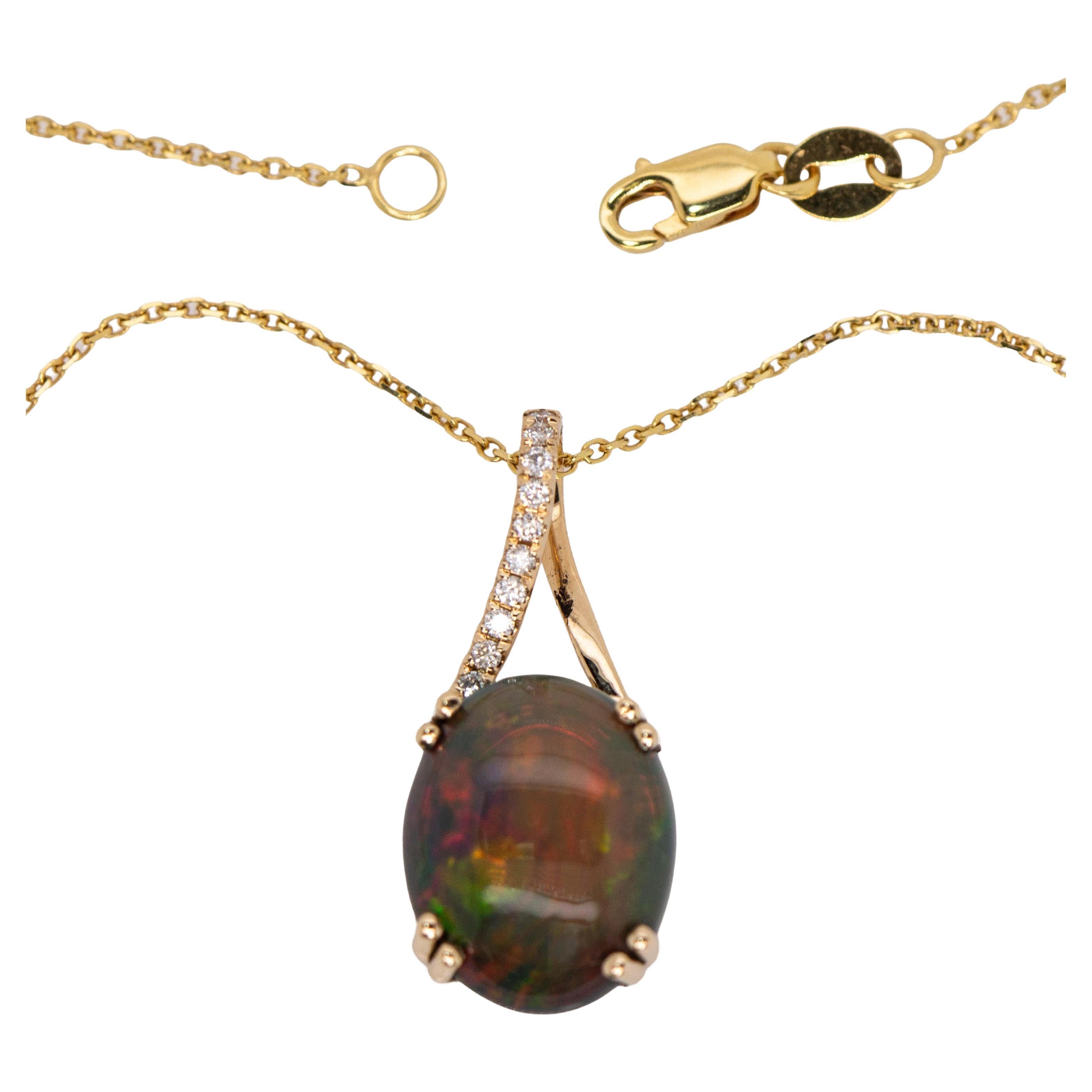 2.6cts, 12x10mm - Ethiopian Black Opal Pendant w Diamond Accents in 14K Gold