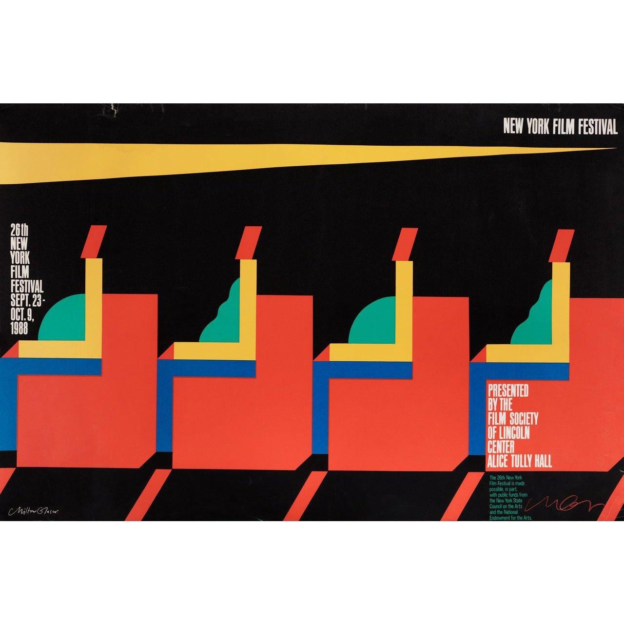 Original 1988 U.S. half subway poster by Milton Glaser for the 1963 festival New York Film Festival. Signed by Milton Glaser. Very Good-Fine condition, rolled. Please note: the size is stated in inches and the actual size can vary by an inch or more.