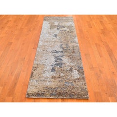 2'6"x10' Abstract Design Wool&Silk Hi-Low Pile Denser Weave Handmade Runner Rug