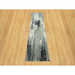 2'6"x10' Black with White Abstract Design Wool and Silk Hand Knotted Runner Rug