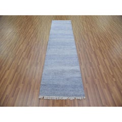 2'6"x10' Blue, Hand Knotted Modern Grass Design Gabbeh Wool and Silk Runner Rug