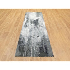 2'6"x10' Charcoal Black Abstract Design Wool-Silk Hand Knotted Oriental Rug