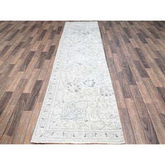 2'6"x10' Delicate White Old Tebraz Hand Knotted Worn Pure Wool Runner Rug