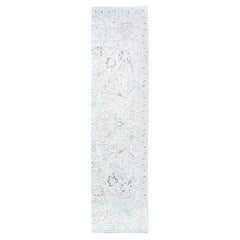 2'6"x10' Delicate White Old Tebraz Hand Knotted Worn Pure Wool Runner Rug
