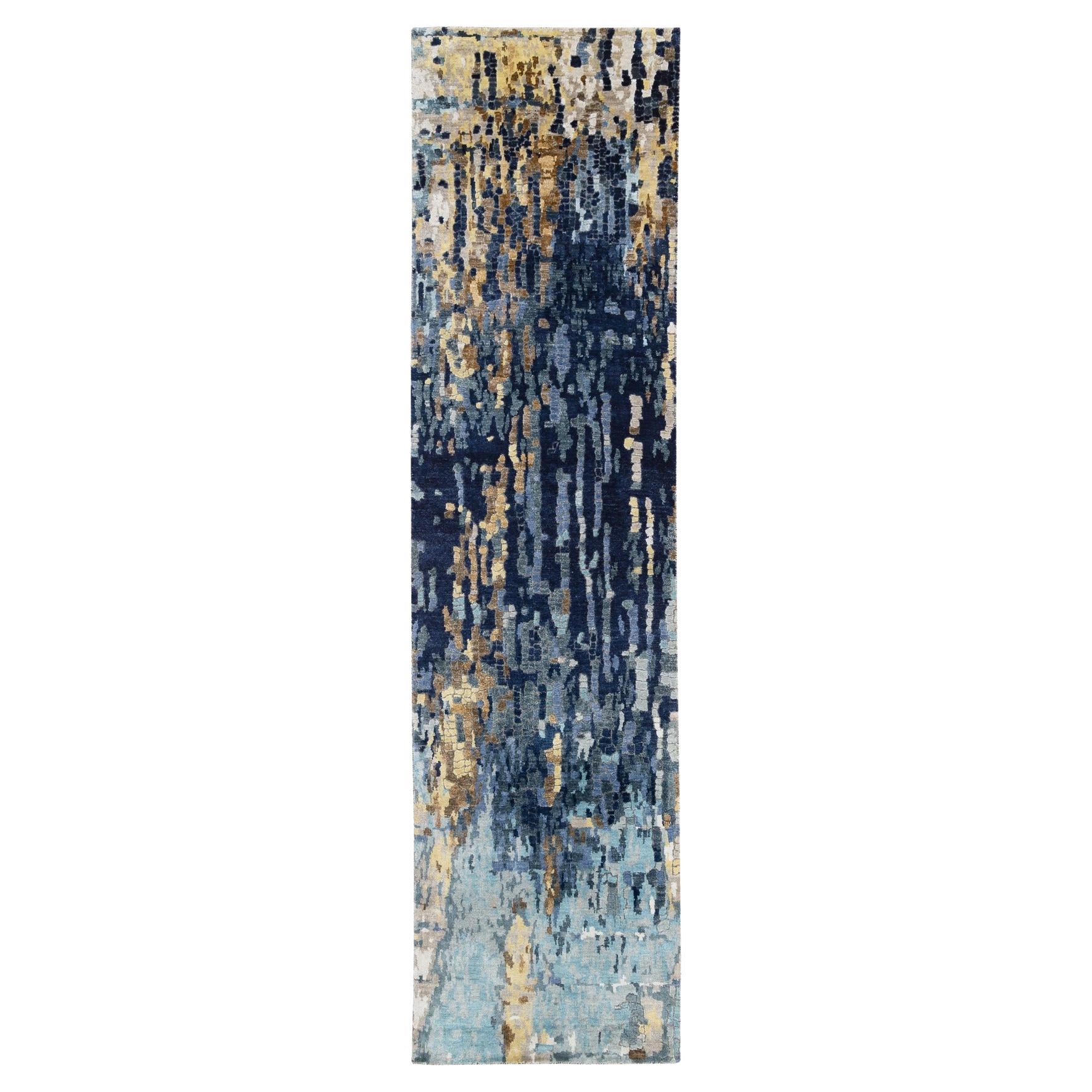 2
6"x10
Denim Blue with Gold Mosaic Design Hand Knotted Wool
Silk Runner Rug