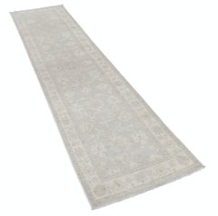 2.6x10 ft Hand-Knotted Floral Oushak Wool Runner Rug. Soft-Colored Hallway Rug
