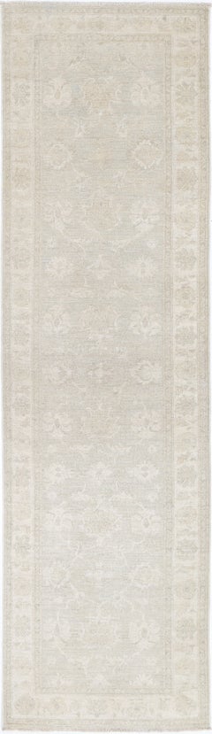 2.6x10 ft Hand-Knotted Floral Oushak Wool Runner Rug. Soft-Colored Hallway Rug