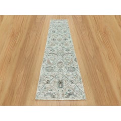 2'6"x10' Futon White Hand Knotted Sickle Leaf Silk and Wool Runner Oriental Rug