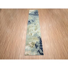 2'6"x10' Gray-Beige Pure Wool Abstract Design Hand Knotted Pure Wool Runner Rug