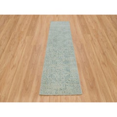 2'6"x10' Gray, Fine Jacquard Hand Loomed, Wool and Silk Runner Oriental Rug