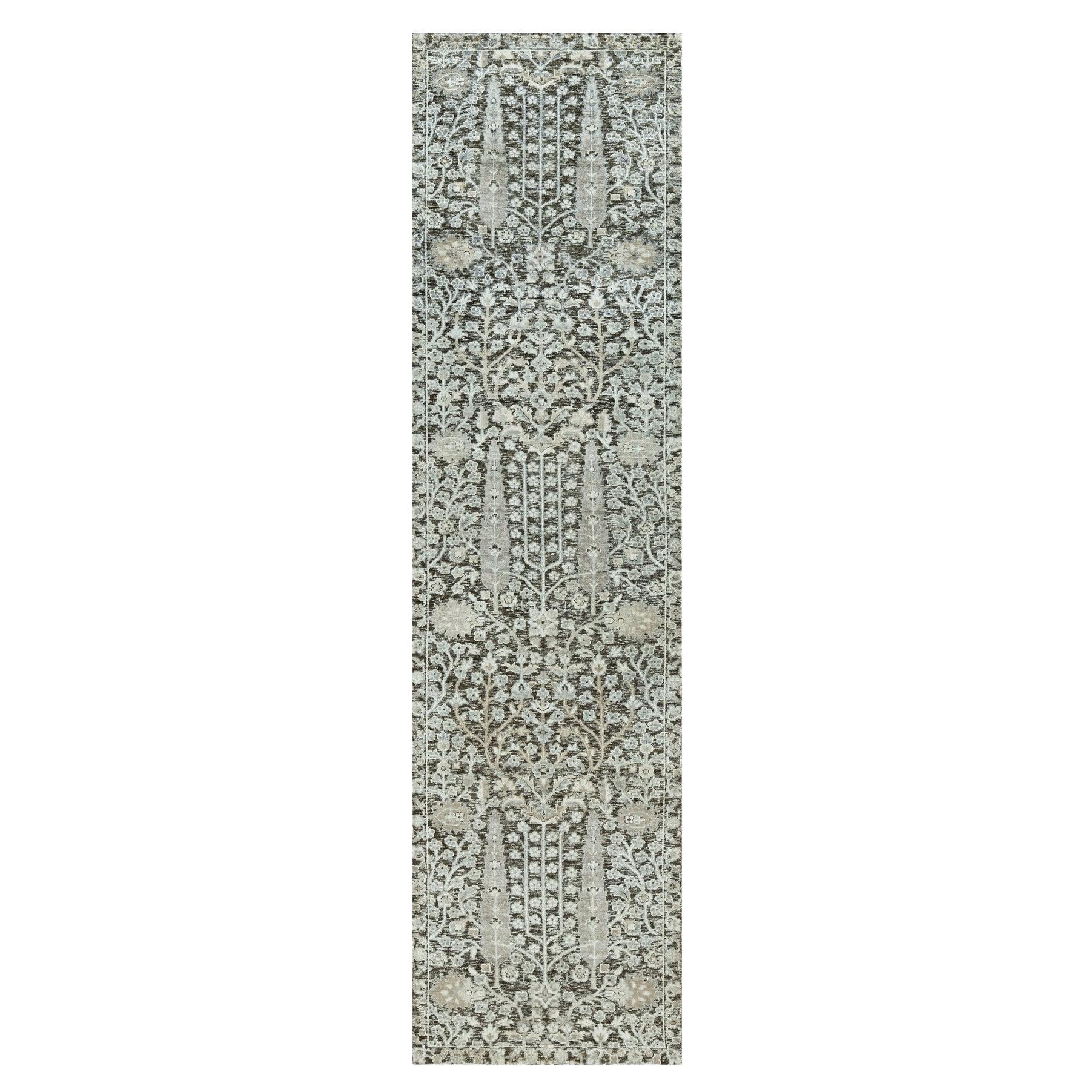 2'6 "x10' Alfombra de Seda y Lana Gris Anudada a Mano Diseño de Sauce y Ciprés R