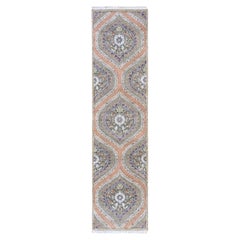 2'6"x10' Gray Real Silk & Textured Wool Mughal Design Hand Knotted Runner Rug