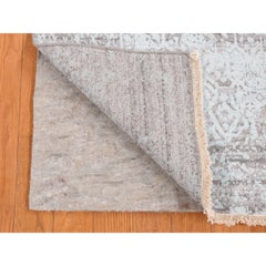 2'6''x10' Green, Erased Persian Design, Hand Knotted, Wool and Silk Runner Rug