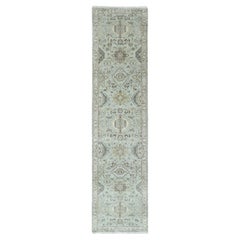 2'6"x10' Greenish Gray Karajeh Medallions Design Hand Knotted Wool Runner Rug
