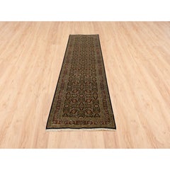 2'6"x10' Ink Black Herati Design Hand Knotted 250 KPSI Wool Runner Rug