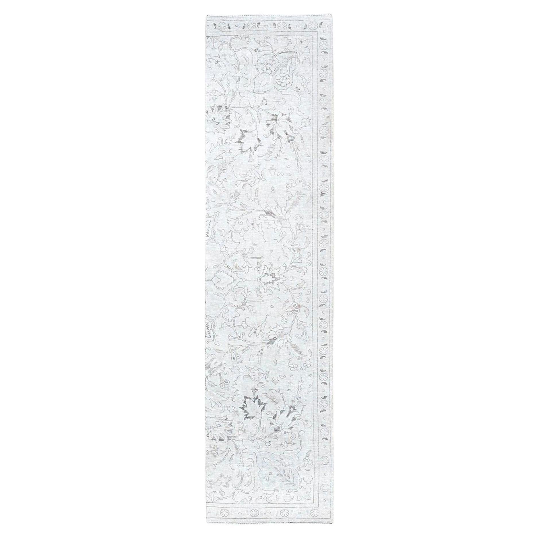 2'6"x10' Ivory Vintage Persian Tabriz Hand Knotted Worn Pure Wool Runner Rug