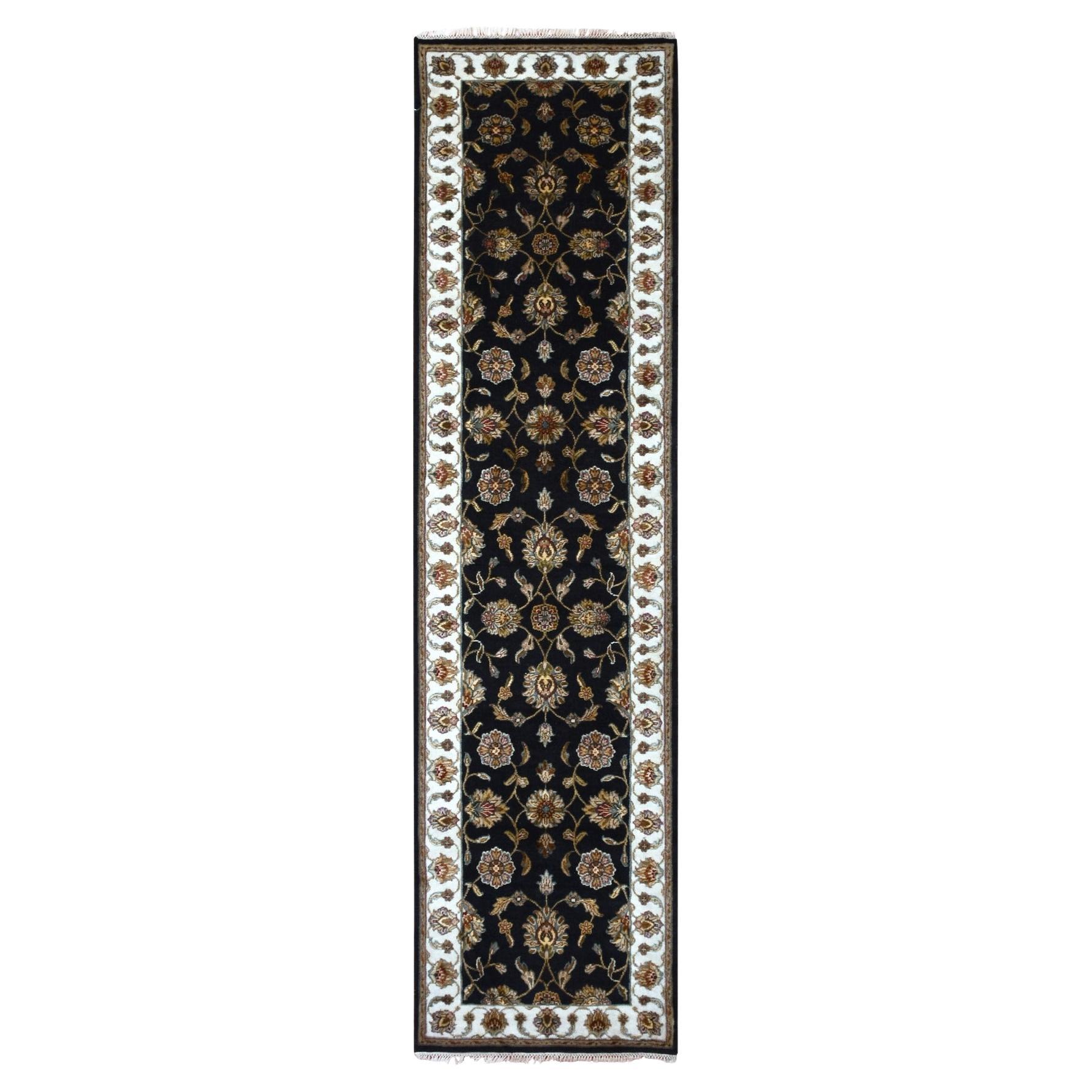 2'6"x10' Oyster Black Rajasthan Design Wool Silk Hand Knotted Runner Rug