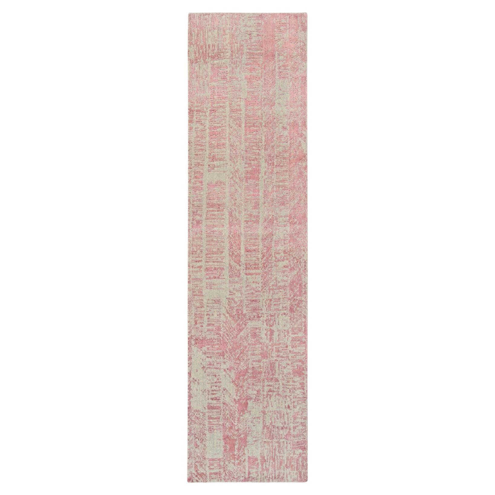 2'6 "x10' Tapis de course en laine rose et soie d'art Jacquard, tissé à la main